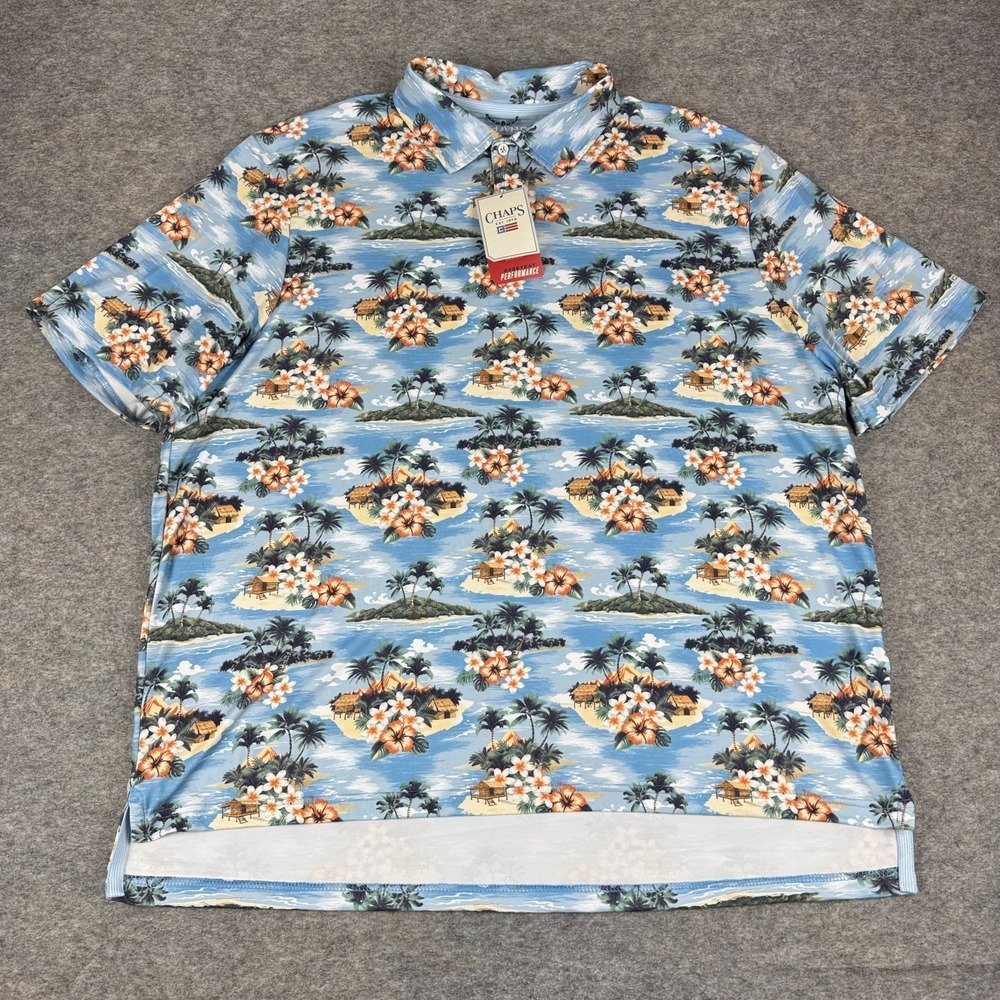 Chaps Everyday Performance Polo Shirt Hawaiian Print Blue Mens 2XL XXL